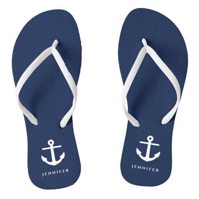 Stylish Navy Blue Nautical Anchor Custom Name  Thongs (Footbed)