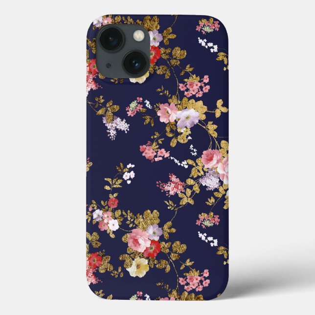 Stylish navy blue pink gold boho floral Case-Mate iPhone case (Back)