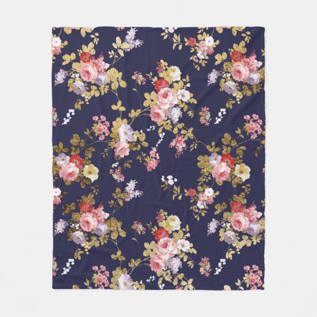 Stylish navy blue pink gold boho floral fleece blanket (Front)
