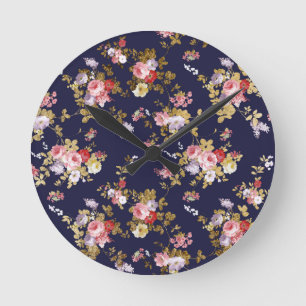 Stylish navy blue pink gold boho floral round clock
