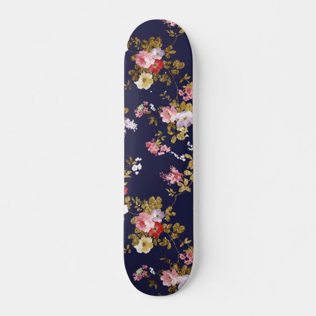 Stylish navy blue pink gold boho floral skateboard (Front)