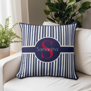 Stylish navy blue red striped initial monogram cushion