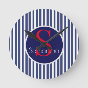 Stylish navy blue red striped initial monogram round clock