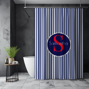 Stylish navy blue red striped initial monogram shower curtain