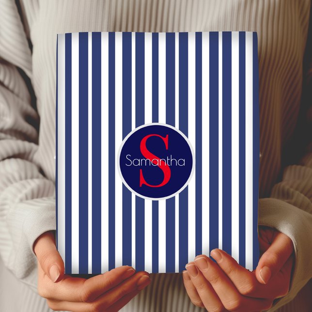 Stylish navy blue red striped initial monogram wrapping paper sheet (Creator Uploaded)