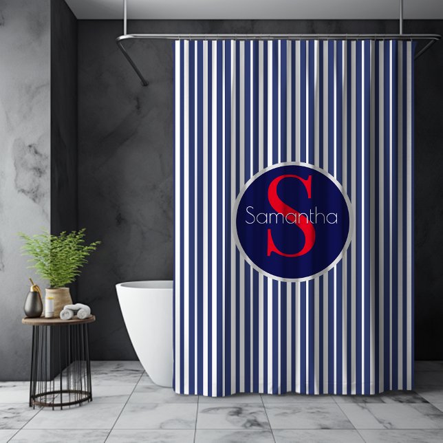 Stylish Navy Blue Red Striped Monogram Shower Curtain (Creator Uploaded)