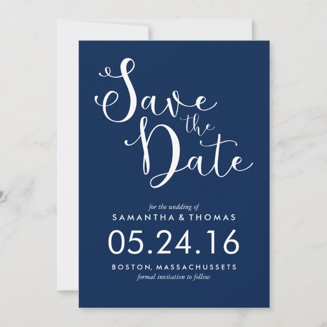 Stylish Navy Blue Script Wedding Save the Date (Front)
