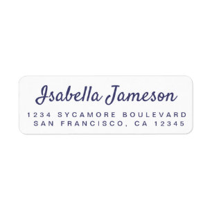 Stylish Navy Blue Script White Return Address Return Address Label