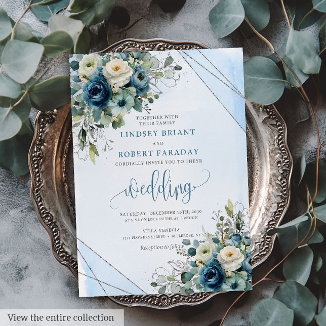Stylish Navy Blue Silver Floral Wedding Invitation (Stylish Navy Blue Silver Floral Wedding Invitation)