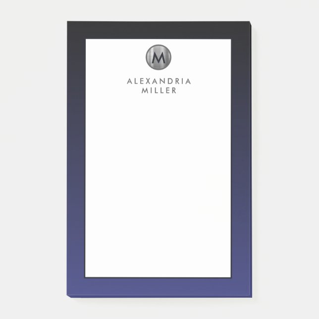 Stylish Navy Blue Silver Monogram Post-it Notes (Front)