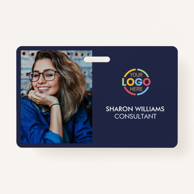 Stylish Navy Blue Simple Company Employee Photo ID ID Badge (Front)