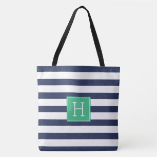 Stylish Navy Blue Stripes and Green Monogram Tote Bag