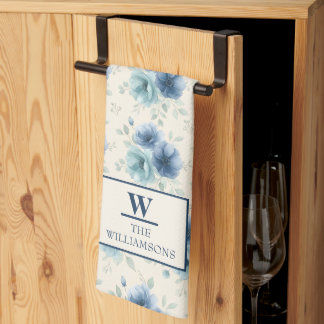 Stylish Navy Blue Watercolor Flowers Monogram Kitc Tea Towel