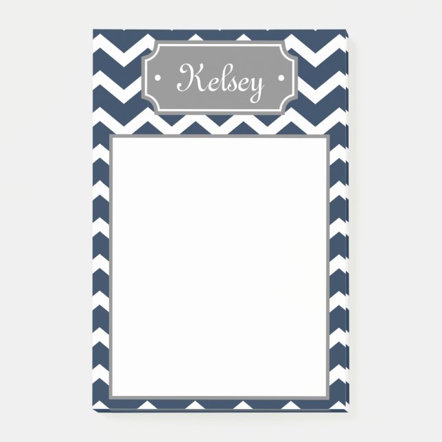 Stylish Navy Chevron Grey Name Post-it Notes (Front)