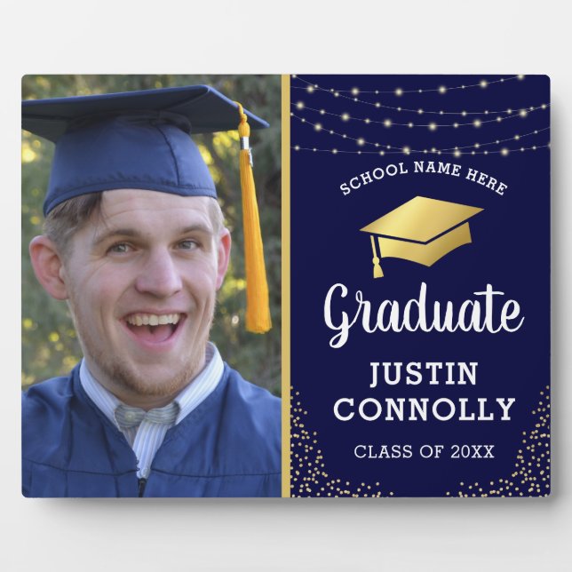 Stylish Navy & Gold Class of 2024 Graduation Photo Plaque (Front)