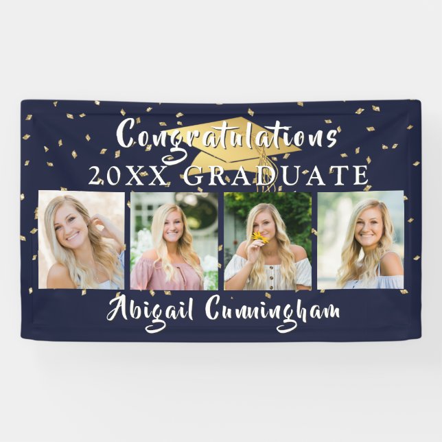 Stylish Navy Gold Congratulations Graduate 4 Photo Banner (Horizontal)