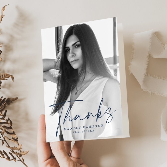 Stylish Navy Script Photo Graduation Thank You Card (Creator Uploaded)