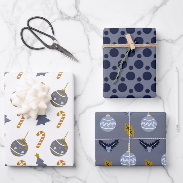 Stylish Navy Spot Christmas  Bauble Mix Trio Wrapping Paper Sheet (Front)