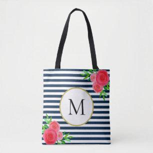 Stylish Navy White Striped Coral Floral Monogram Tote Bag