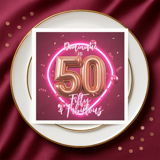 Stylish Neon Glow Up Rose Gold 50th Birthday Napkin (Creator Uploaded)