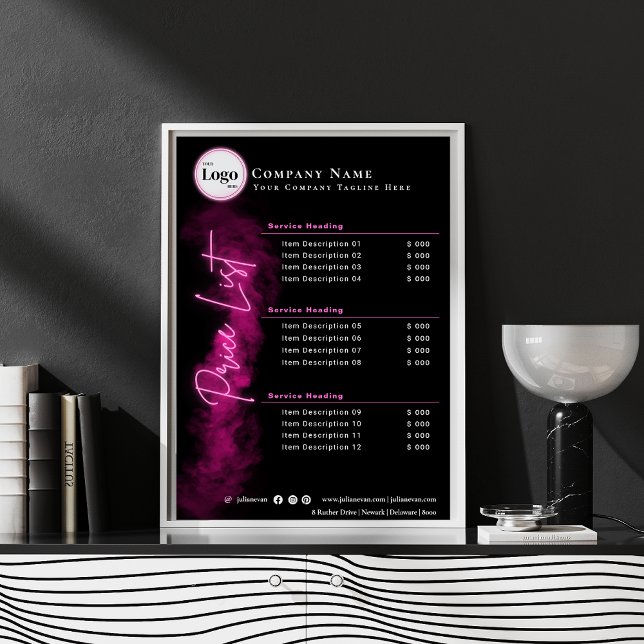 Stylish Neon Pink and Black Script Price List Poster (Stylish Neon Pink and Black Script Price List)