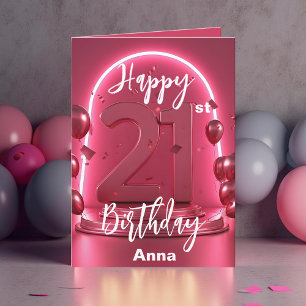 Stylish Neon Pink Glowing Balloons 21st Birthday Card