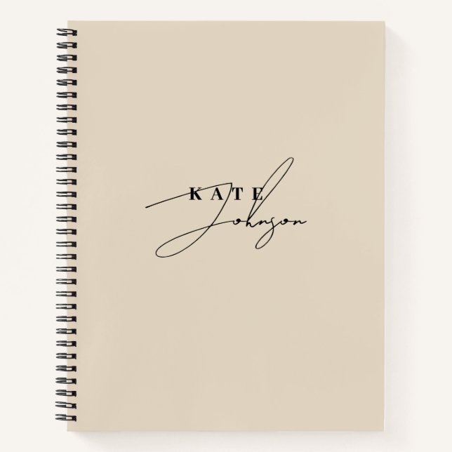 Stylish Neutral Beige Signature Script Monogram Notebook (Front)