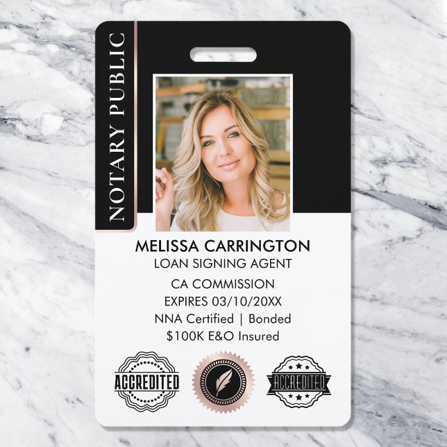 Stylish Notary Public Photo QR Black Rose Gold ID Badge (Creator Uploaded)