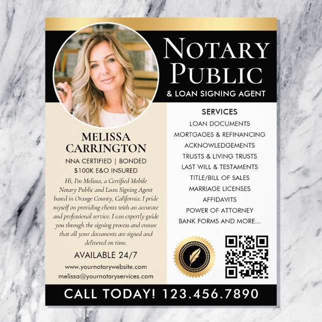 Stylish Notary Public Services Photo Black Gold Flyer (Creator Uploaded)