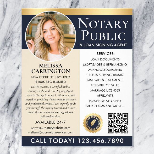 Stylish Notary Public Services Photo Blue Gold Flyer (Creator Uploaded)