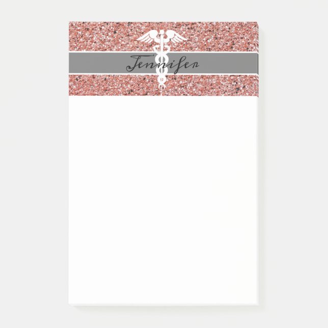 Stylish Nurse Medical Caduceus Rose Gold Glitter Post-it Notes (Front)