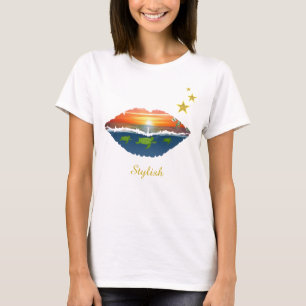 Stylish ocean sunrise lips, stars & calligraphy T-Shirt