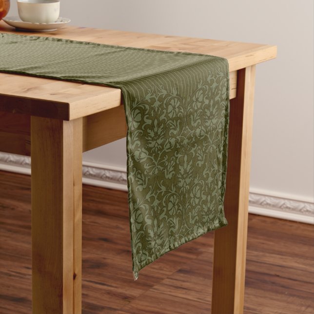 Stylish Olive Green Damask Short Table Runner (In Situ)