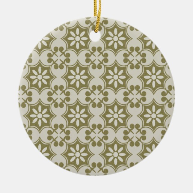 Stylish olive green Fleur de Lis repeating pattern Ceramic Tree Decoration (Front)