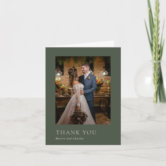 Stylish Olive Green Photo Modern Wedding Thank You Card (Front)