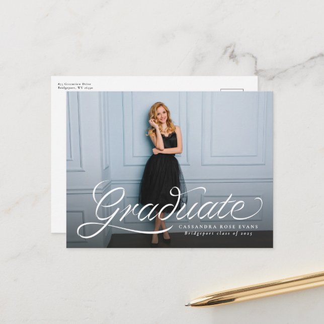 Stylish one photo graduation announcement postcard (Front/Back In Situ)