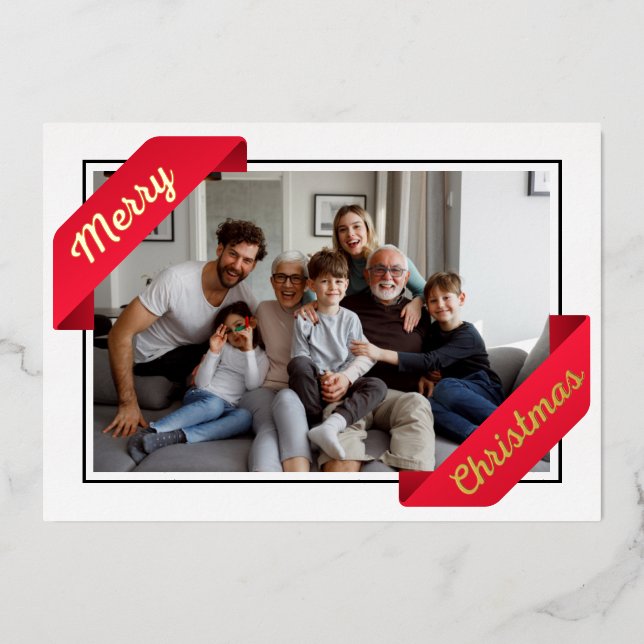 stylish one photo red banner merry christmas foil holiday card (Front)