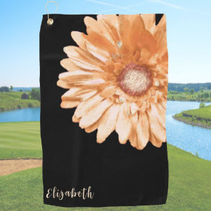 Stylish orange and black daisy custom name floral golf towel