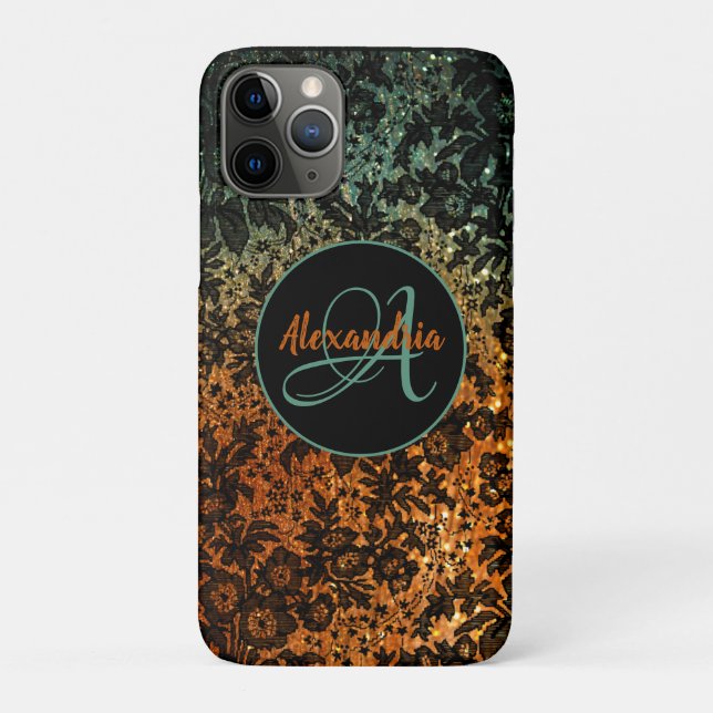 Stylish Orange and Green Black Floral Monogram  Case-Mate iPhone Case (Back)