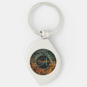 Stylish Orange and Green Black Floral Monogram Key Ring