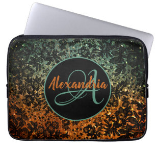 Stylish Orange and Green Black Floral Monogram Laptop Sleeve
