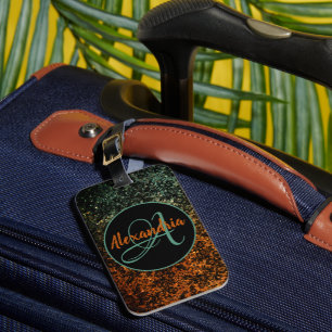 Stylish Orange and Green Black Floral Monogram Luggage Tag