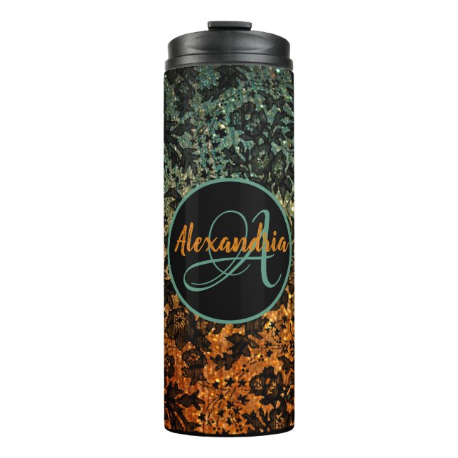 Stylish Orange and Green Black Floral Monogram    Thermal Tumbler (Front)