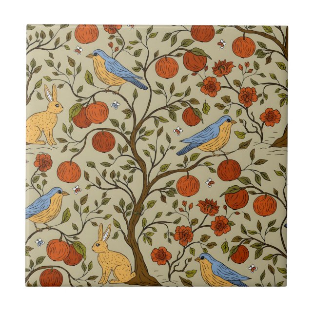 Stylish Orange Apples on Brown Trees Design Ceramic Tile (Front)