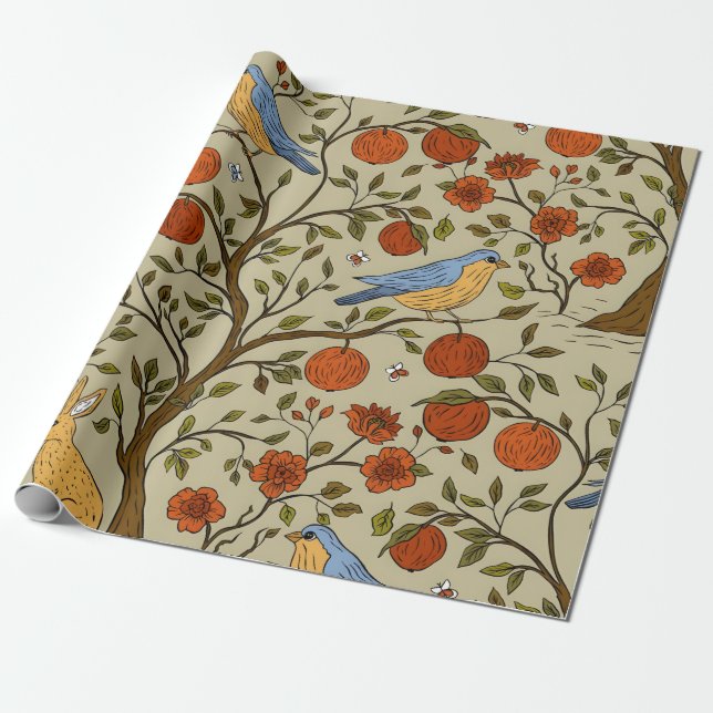 Stylish Orange Apples on Brown Trees Design Wrapping Paper (Unrolled)