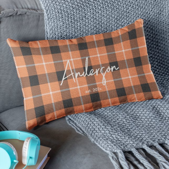 Stylish Orange & Black Fall Colour Plaid Lumbar Cushion (Creator Uploaded)