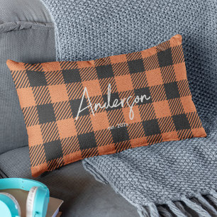Stylish Orange & Black Fall Colour Plaid Lumbar Cushion