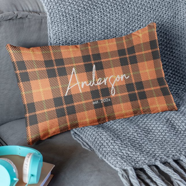Stylish Orange & Black Fall Colour Plaid Lumbar Cushion (Creator Uploaded)
