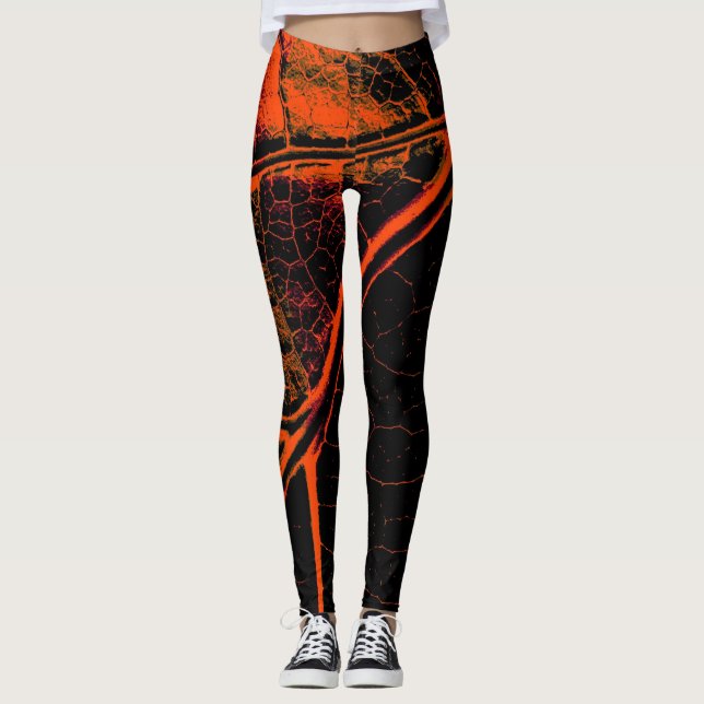 Stylish Orange Black Leaf Leggings (Front)