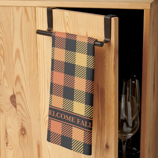 Stylish Orange Black Yellow Fall Colour Plaid Tea Towel (Thirds Fold)